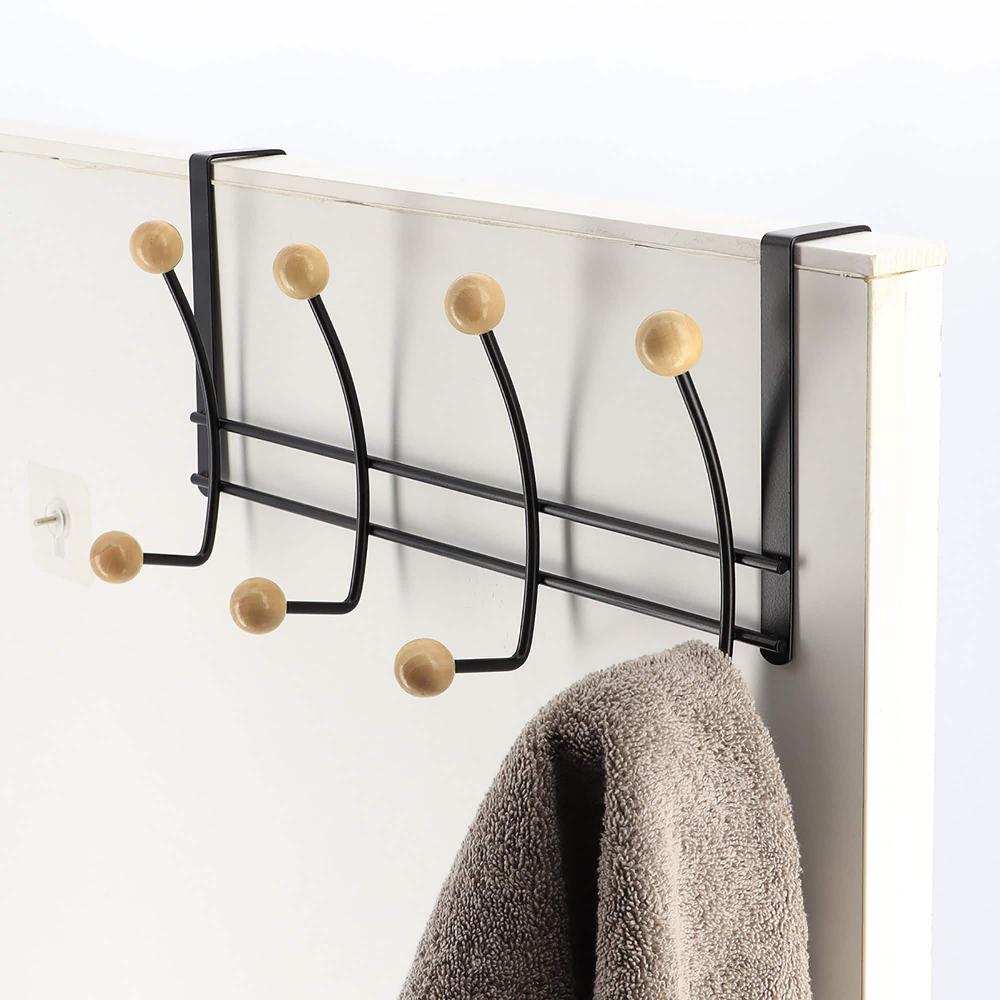 evideco Over The Door Hook Rack Black Finish with 8 Natural Wooden Ball Ends Bathroom Storage & Furniture Hooks & Rails Hooks and Rails Over the door