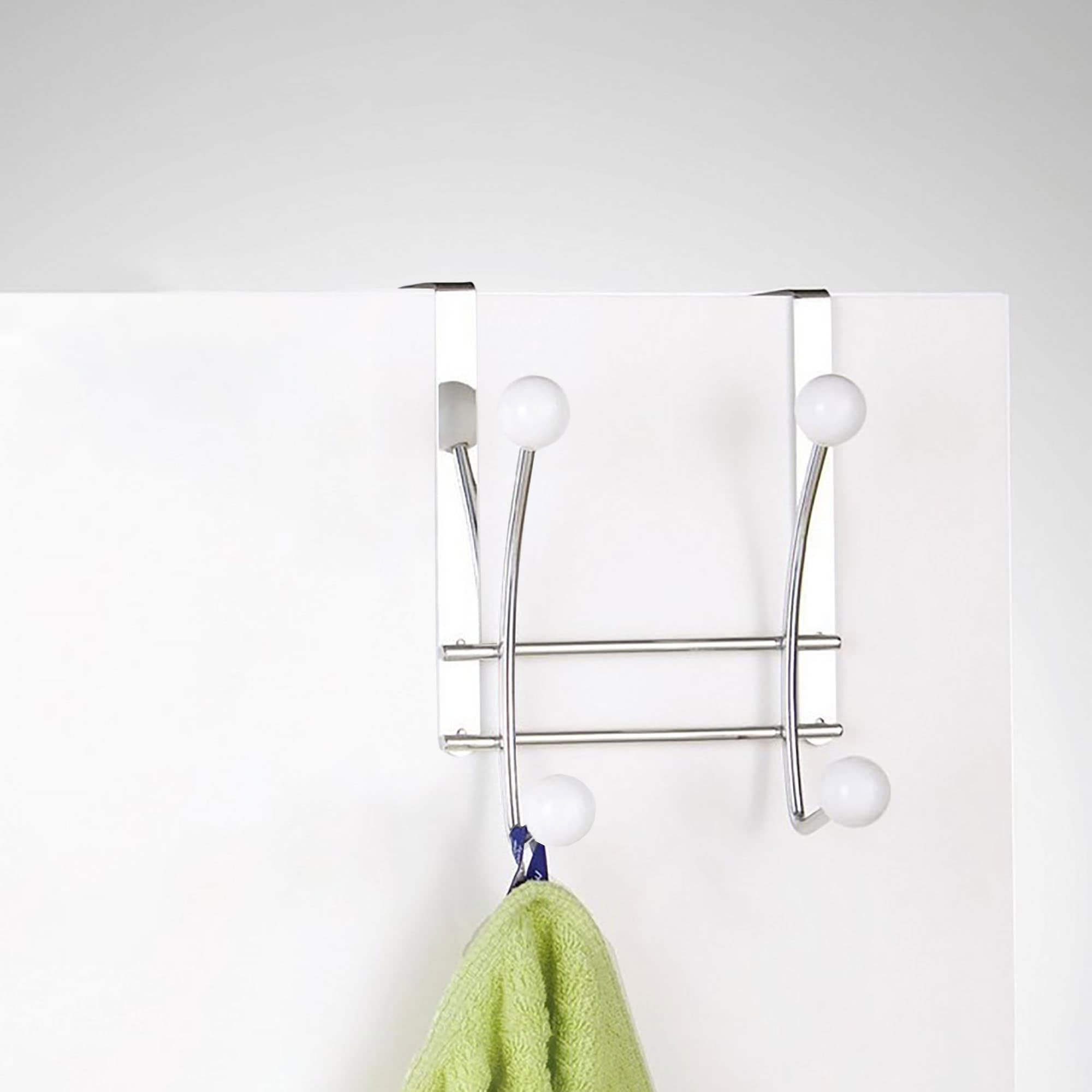 evideco Over The Door Hook Rack Chrome Finish with 4 White Ball Ends Bathroom Storage & Furniture Hooks & Rails Hooks and Rails Over the door