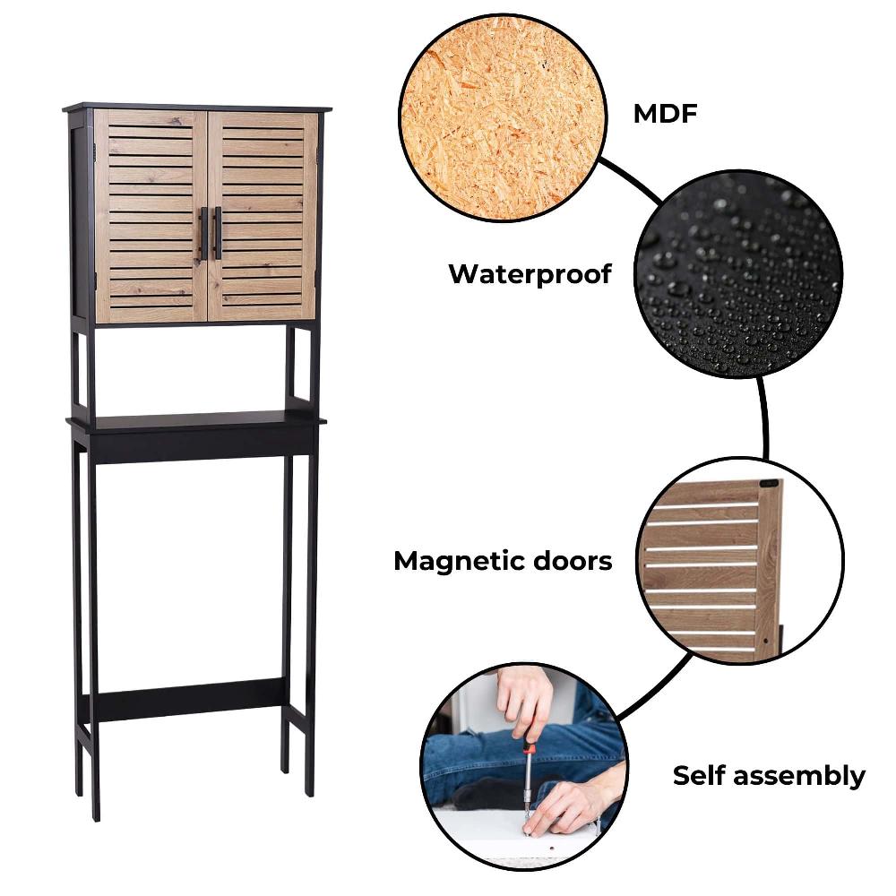 Evideco Over The Toilet Storage Cabinet With Double Vented Doors And Open Shelf Black And Brown – Bergen Collection Bathroom Storage & Furniture Over The Toilet Space Savers