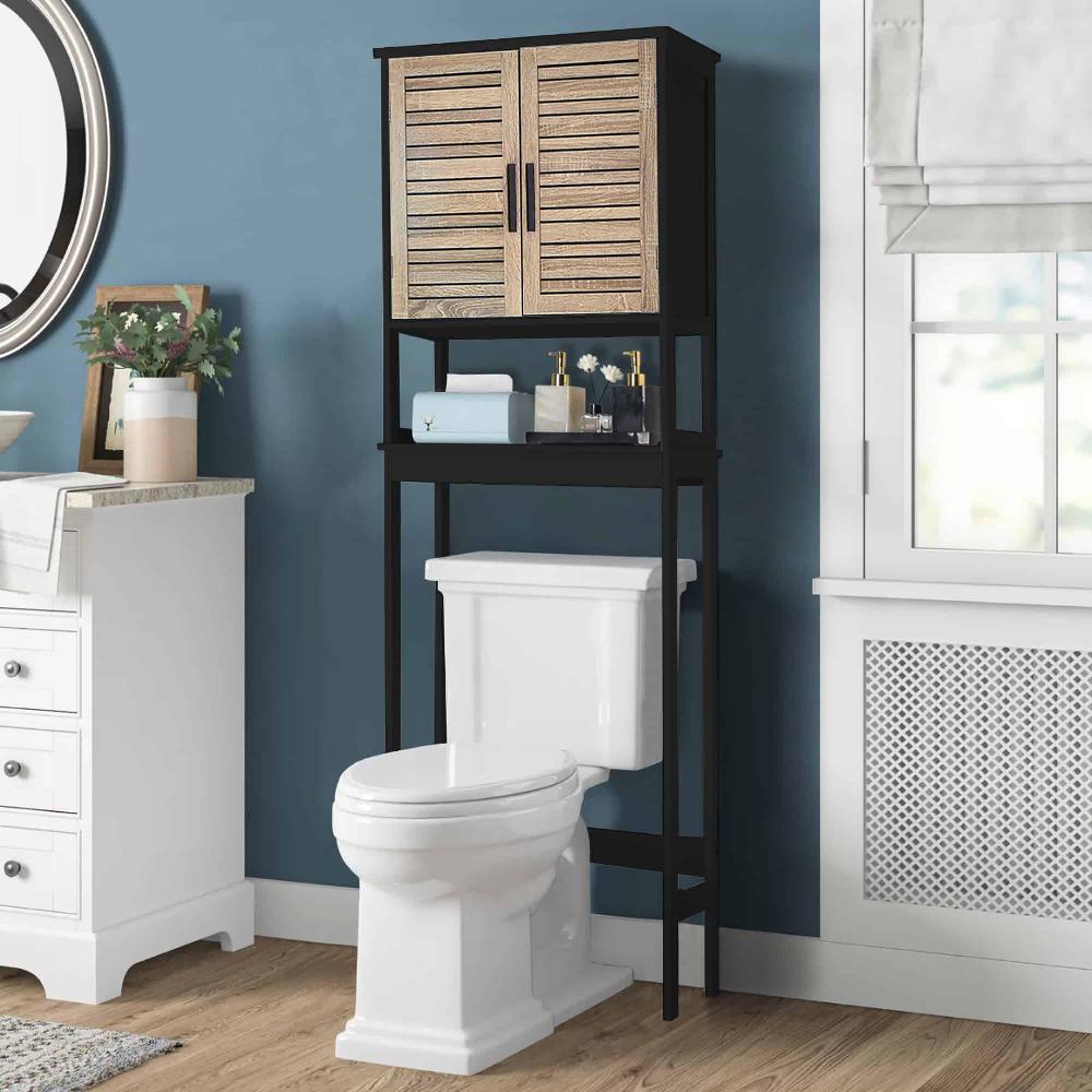 Evideco Over The Toilet Storage Cabinet With Double Vented Doors And Open Shelf Black And Brown – Bergen Collection Bathroom Storage & Furniture Over The Toilet Space Savers