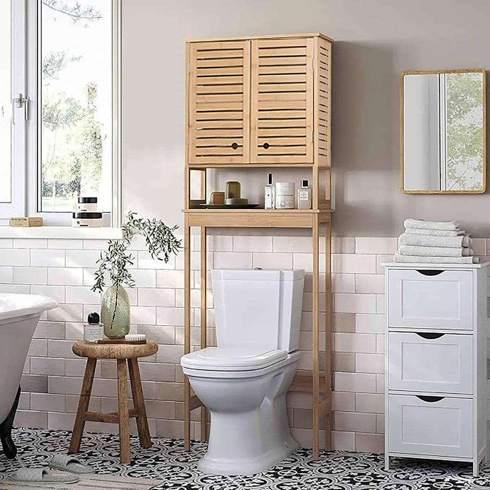 Evideco Over The Toilet Storage Cabinet With Double Vented Doors And Open Shelf Natural – Trinidad Collection Bathroom Storage & Furniture Over The Toilet Space Savers