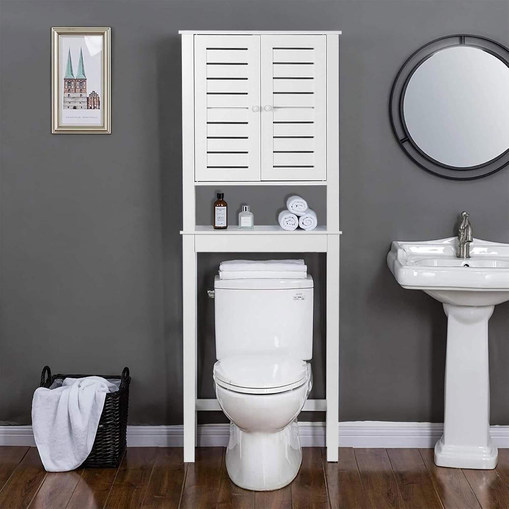 Evideco Over The Toilet Storage Cabinet With Double Vented Doors And Open Shelf Santorin Collection Bathroom Storage & Furniture Over The Toilet Space Savers