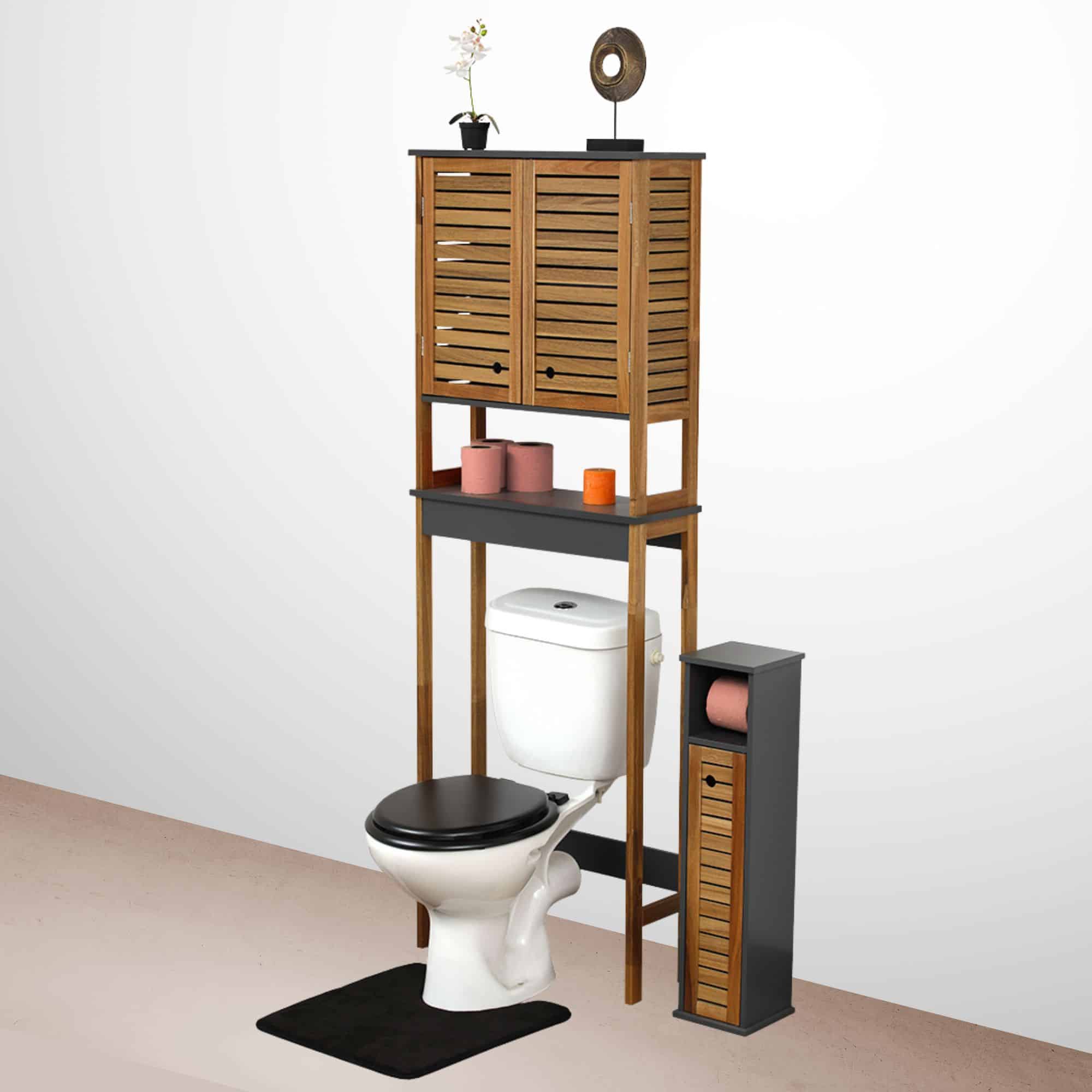 Evideco Over The Toilet Storage Cabinet With Double Vented Doors And Open Shelf Brown And Gray – Elements Collection Bathroom Storage & Furniture Over The Toilet Space Savers