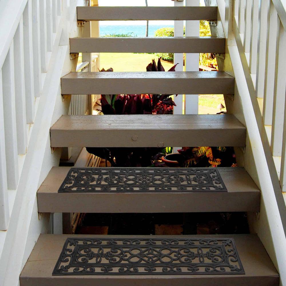 Evideco Pack Of 2 Elegant Rubber Stair Treads – Non-Slip Weather-Resistant Decorative Scrollwork Design Low Profile Home Accessories Door Mats Outdoor