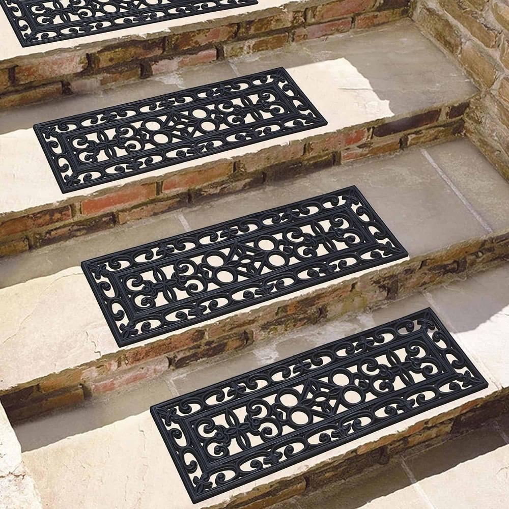 Evideco Pack Of 2 Elegant Rubber Stair Treads – Non-Slip Weather-Resistant Decorative Scrollwork Design Low Profile Home Accessories Door Mats Outdoor
