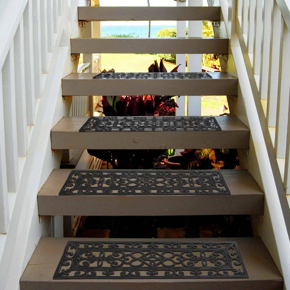 Evideco Pack Of 4 Stylish Rubber Stair Treads – Non-Slip Weather-Resistant Elegant Scrollwork Design Indoor Or Outdoor Use Home Accessories Door Mats Outdoor