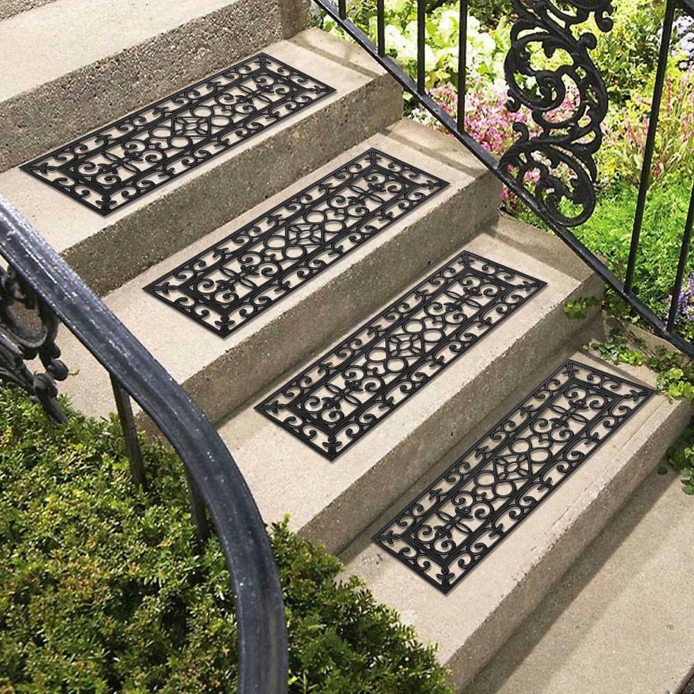 Evideco Pack Of 4 Stylish Rubber Stair Treads – Non-Slip Weather-Resistant Elegant Scrollwork Design Indoor Or Outdoor Use Home Accessories Door Mats Outdoor