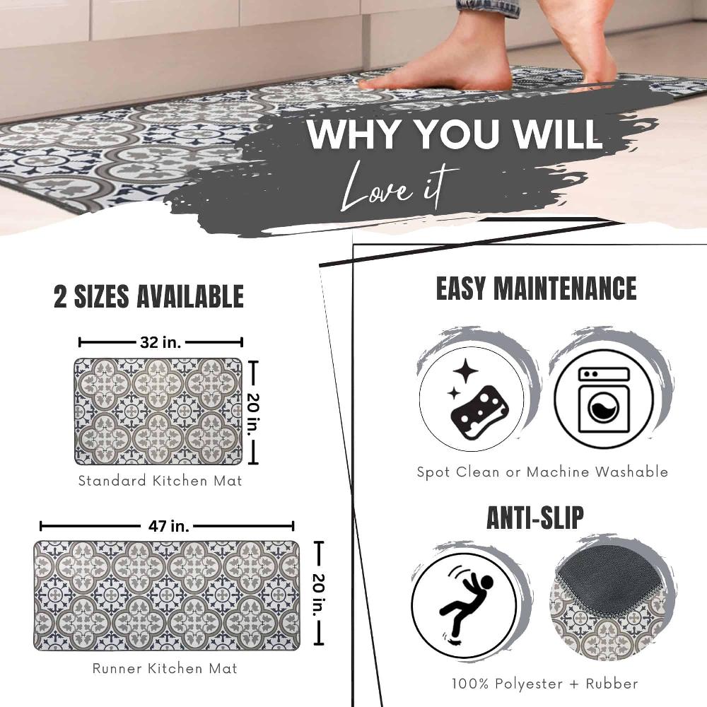 Evideco Paco Printed Kitchen Mat – Blue & Gray Tile Design – 32″ X 20″- Stylish & Durable – Ideal For Homeowners & Renters – Non Slip & Comfort Floor Mat Home Accessories Kitchen Mats