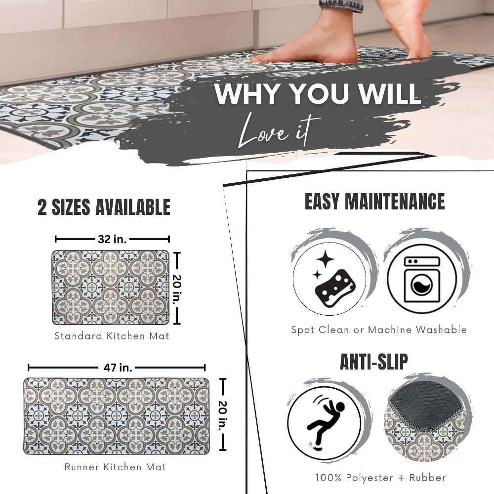 Evideco Paco Printed Kitchen Runner Mat 47″ X 20″ – Blue & Gray Tile Design – Stylish & Durable – Ideal For Homeowners & Renters – Non Slip & Comfort Floor Mat Home Accessories Kitchen Mats