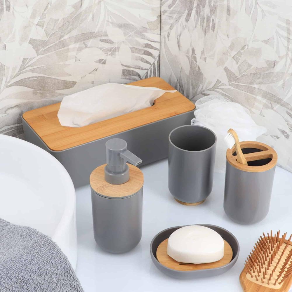 Evideco Premium Gray Soap Dish Padang With Bamboo Tray – Stylish Bathroom Storage Accessory For Elegant Organization Bathroom Accessories Soap Dishes