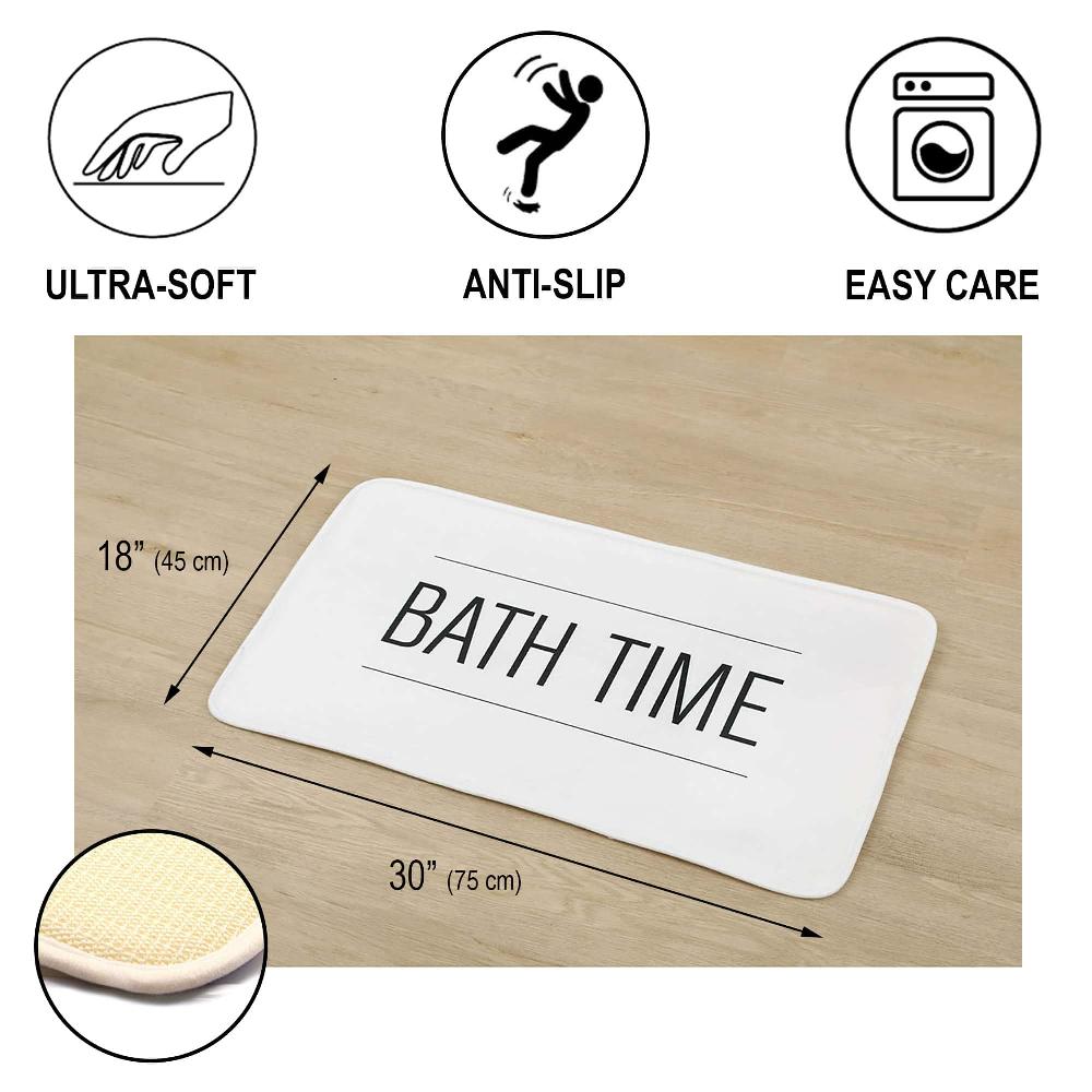 Evideco Premium Non-Slip Microfiber Bathmat – 30 X 18 Inches – Elegant ‘Bath Time’ Text In Black On White Surface For Luxurious Comfort And Safety Bathroom Mats & Rugs Bath Rugs