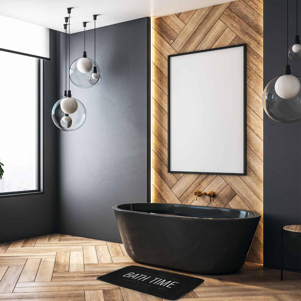evideco Premium Non-Slip Microfiber Bathmat – 30 x 18 Inches – Elegant ‘Bath Time’ Text in White on Black Surface for Luxurious Comfort and Safety Bathroom Mats & Rugs Bath Rugs