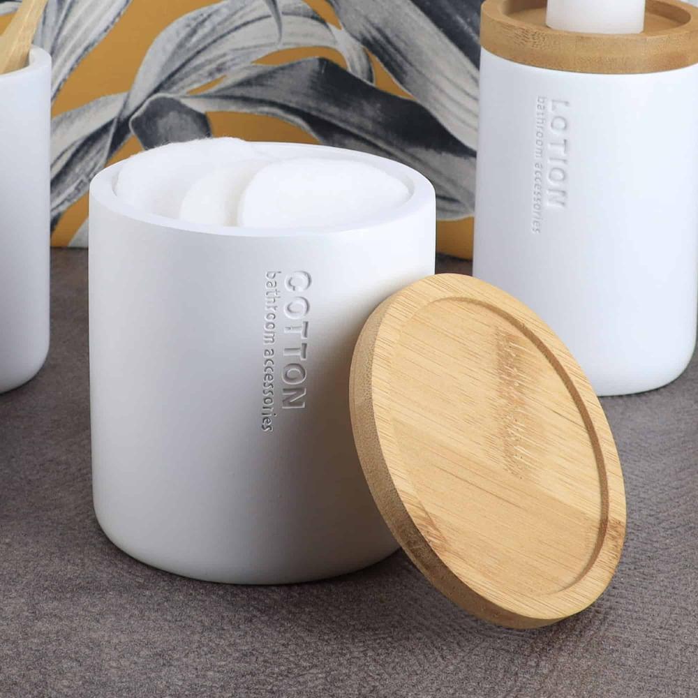 evideco Pure Matte White Cotton Ball Jar with Natural Bamboo Lid – Polyresin Bathroom Organizer Bathroom Accessories Cosmetic & Vanity Organizers