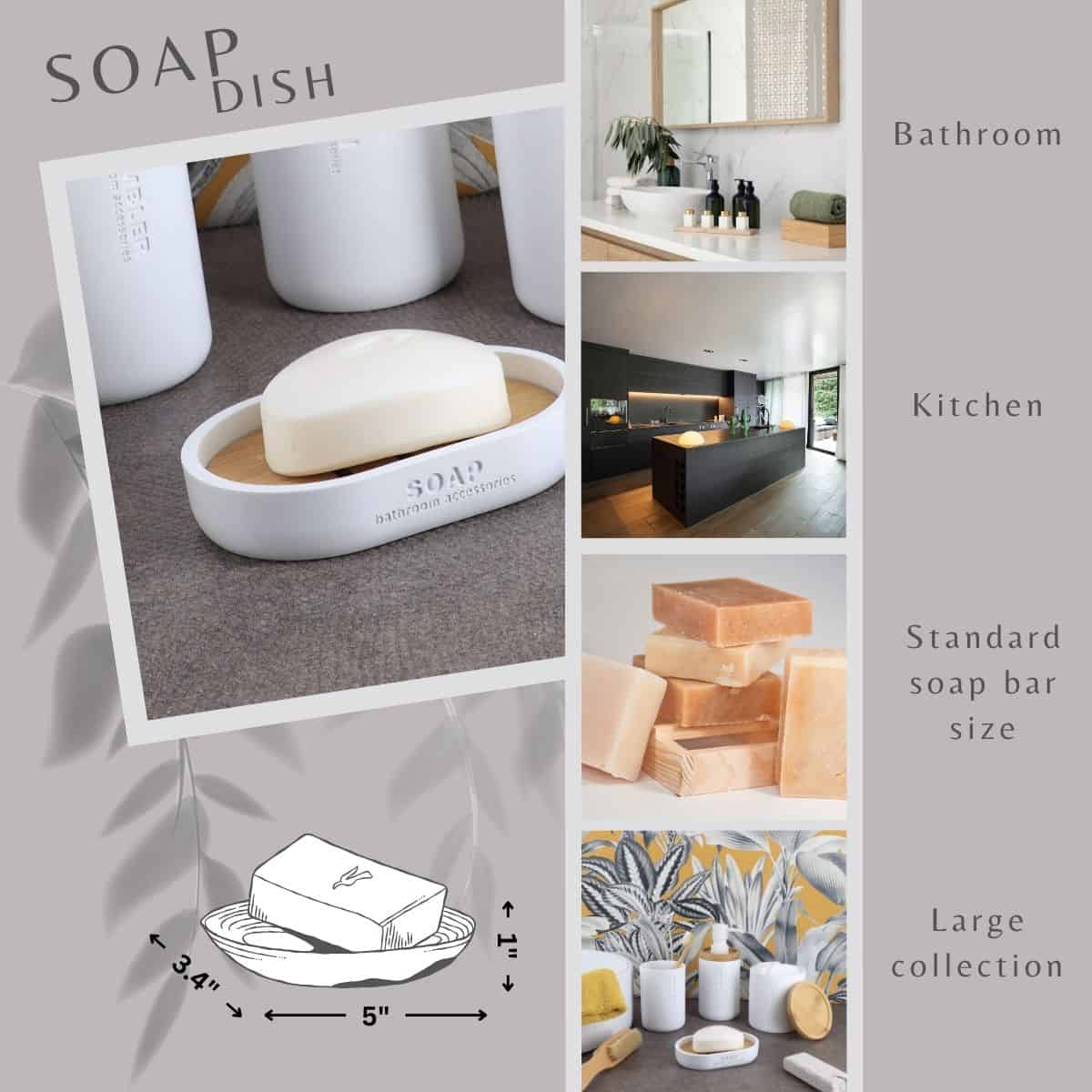 Evideco Pure Matte White Soap Dish With Bamboo Base – Polyresin Bath Accessory For Modern Decor Bathroom Accessories Soap Dishes