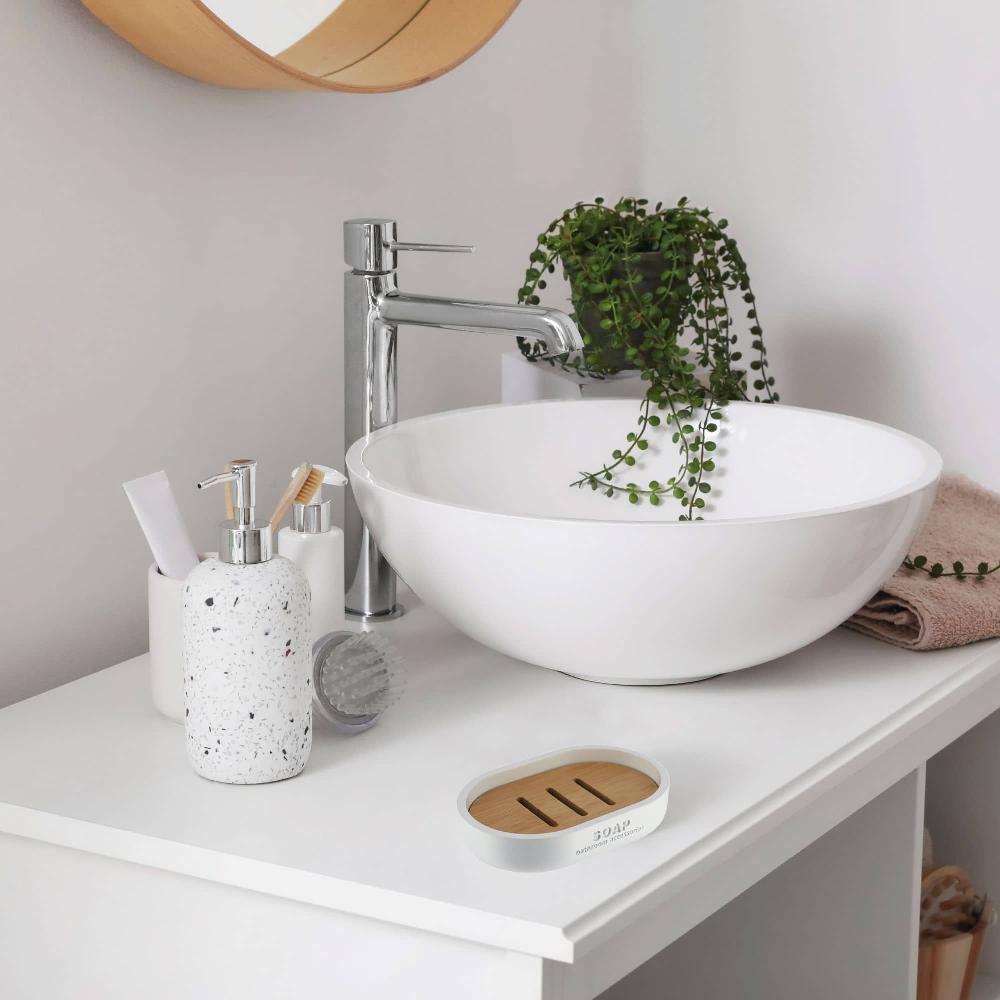 Evideco Pure Matte White Soap Dish With Bamboo Base – Polyresin Bath Accessory For Modern Decor Bathroom Accessories Soap Dishes