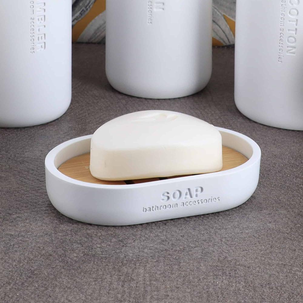 evideco Pure Matte White Soap Dish with Bamboo Base – Polyresin Bath Accessory for Modern Decor Bathroom Accessories Soap Dishes