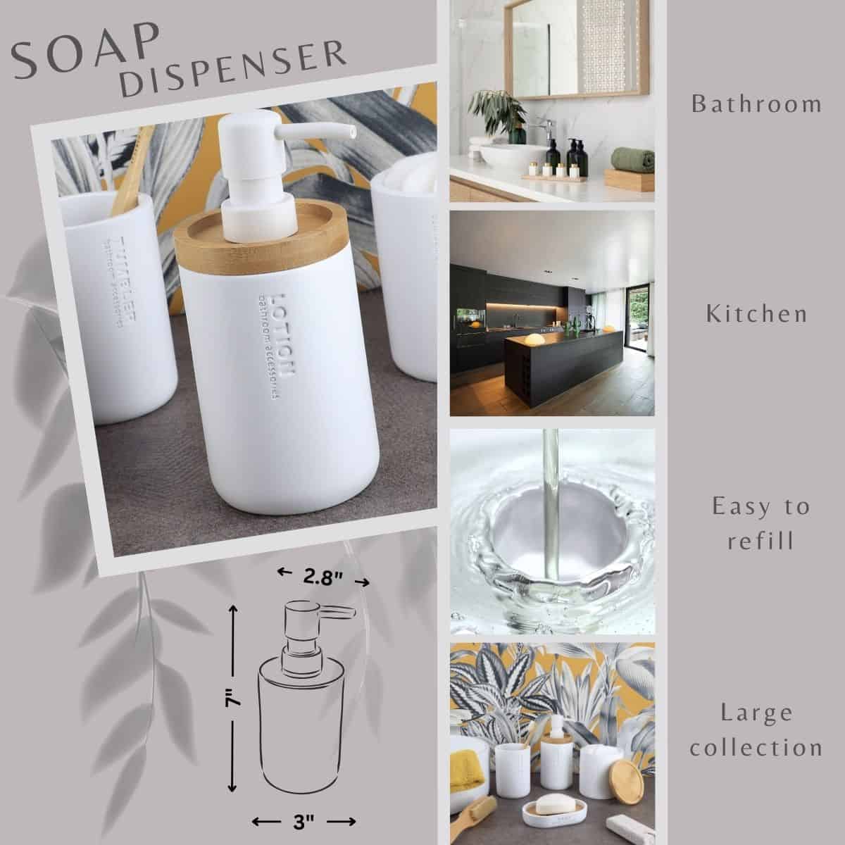 Evideco Pure Matte White Soap Dispenser With Natural Bamboo Top – Polyresin Liquid Pump Modern Bathroom Accessory Bathroom Accessories Soap & Lotion Dispensers