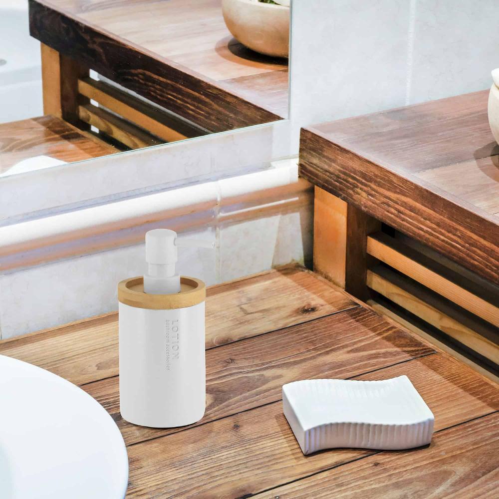 Evideco Pure Matte White Soap Dispenser With Natural Bamboo Top – Polyresin Liquid Pump Modern Bathroom Accessory Bathroom Accessories Soap & Lotion Dispensers