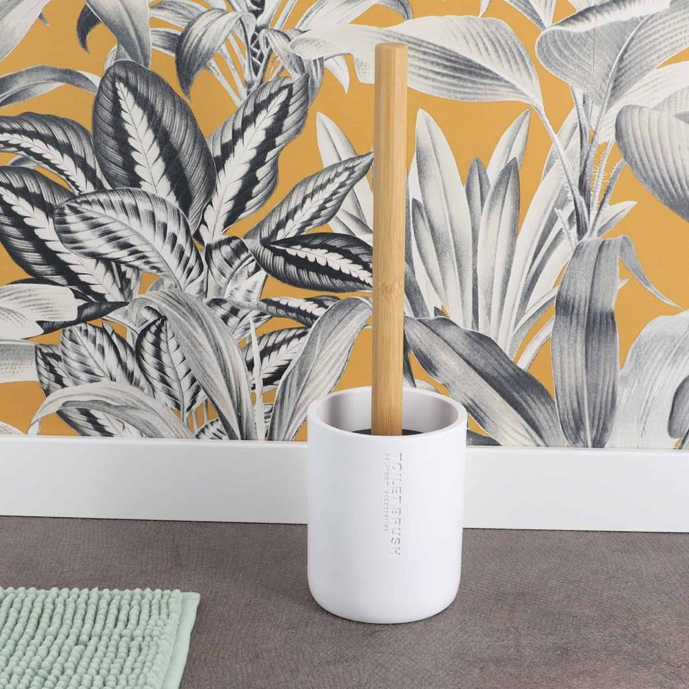 evideco Pure Matte White Toilet Brush Set with Natural Bamboo Handle – Polyresin Bathroom Essential Toilet Seats & Accessories Toilet Brushes