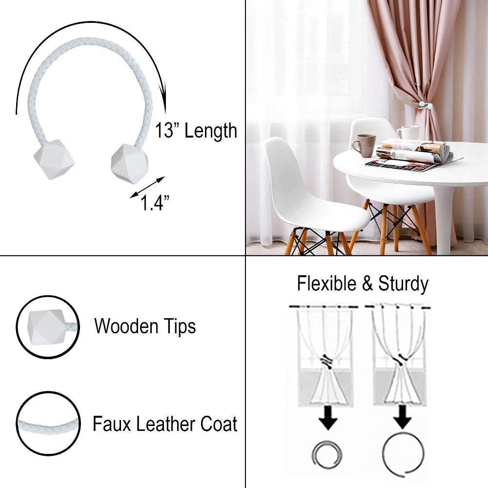 Evideco Pure White Tieback – Flexible Design With Wooden Tips And Faux Leather Covering – Complete Your Window Treatments Home Accessories Tie Backs & Magnets Twist Tie Backs Large Tie Backs For Window Curtains & Drapes