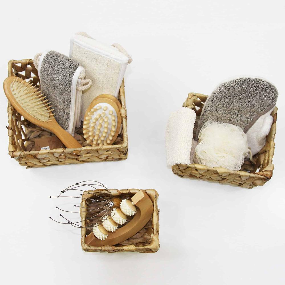 Evideco Rectangular Braided Water Hyacinth Baskets With Handles Natural Set Of 3 Bathroom Storage & Furniture Storage Baskets & Organizers