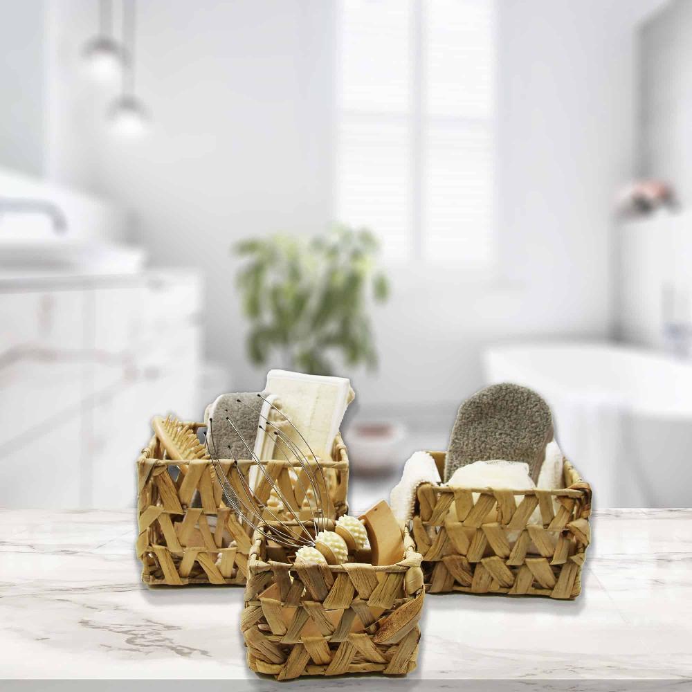 evideco Rectangular Braided Water Hyacinth Baskets With Handles Natural Set of 3 Bathroom Storage & Furniture Storage Baskets & Organizers