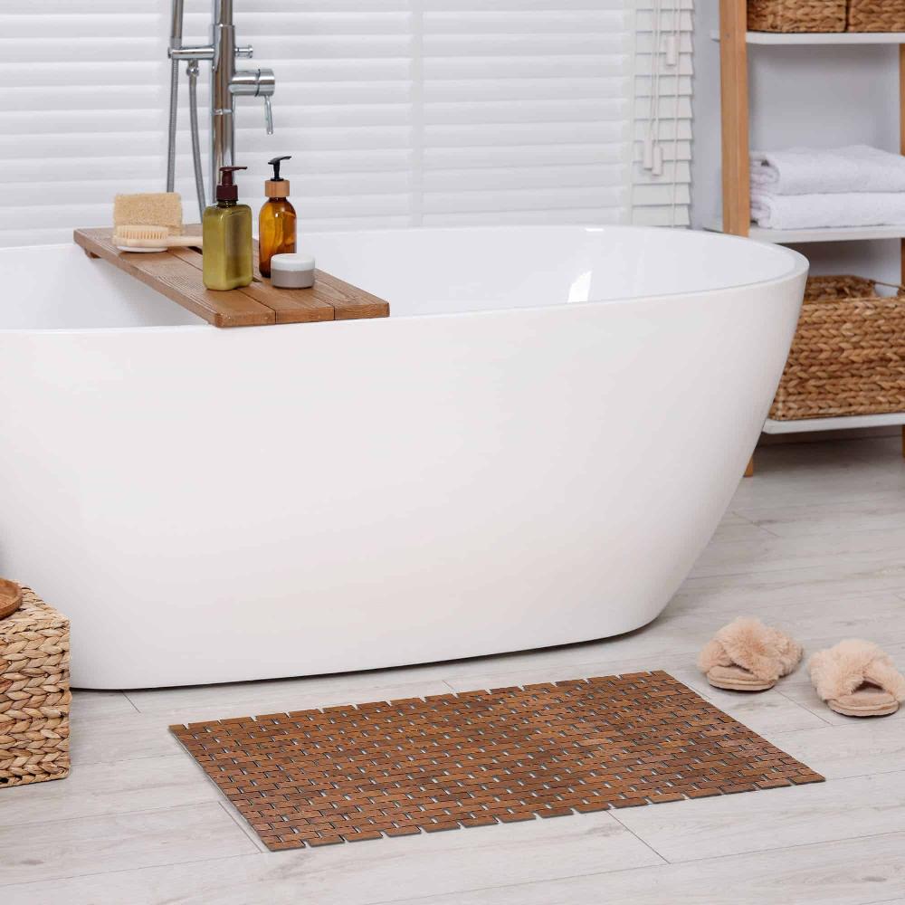 evideco Rectangular Natural Bamboo Bathroom Mat – Non Slip Bath Mat – Foldable Duckboard 16 x 40 inches Brown Bathroom Mats & Rugs Bath Rugs