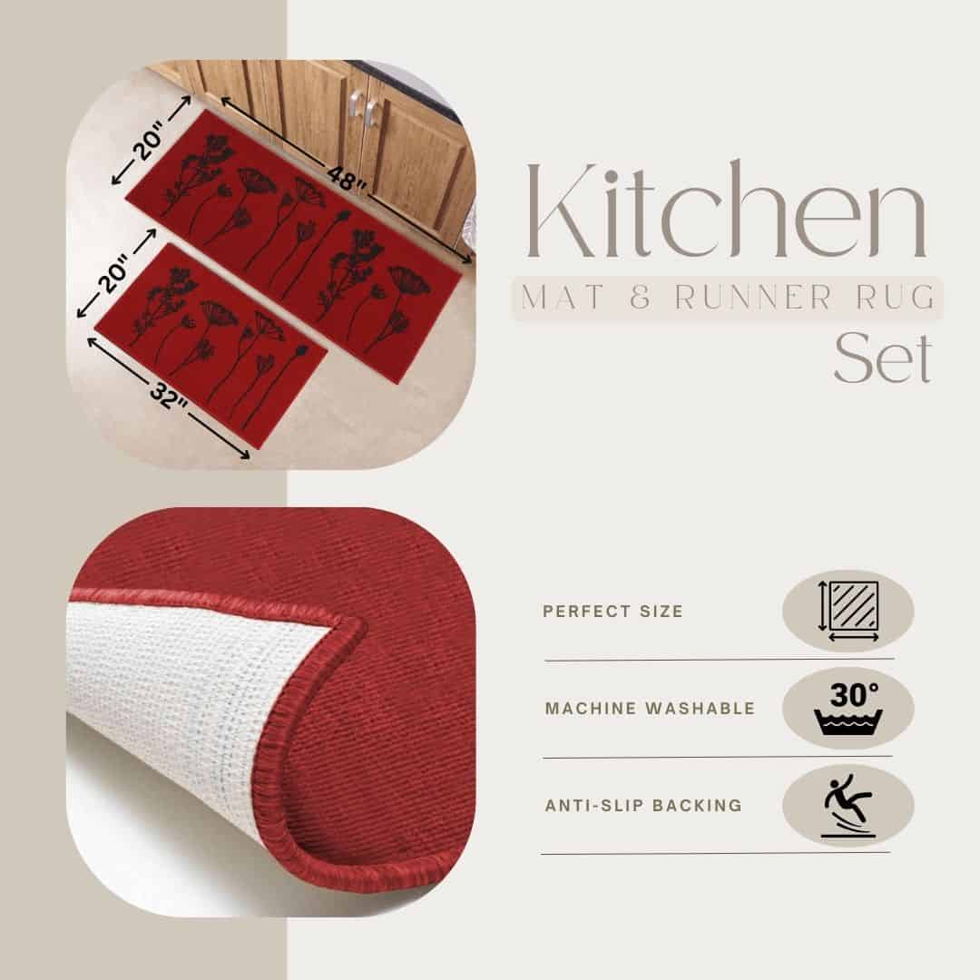 Evideco Red Black Wool Effect Wildflowers Kitchen Mat & Runner Rug Set Of 2 Home Accessories Kitchen Mats