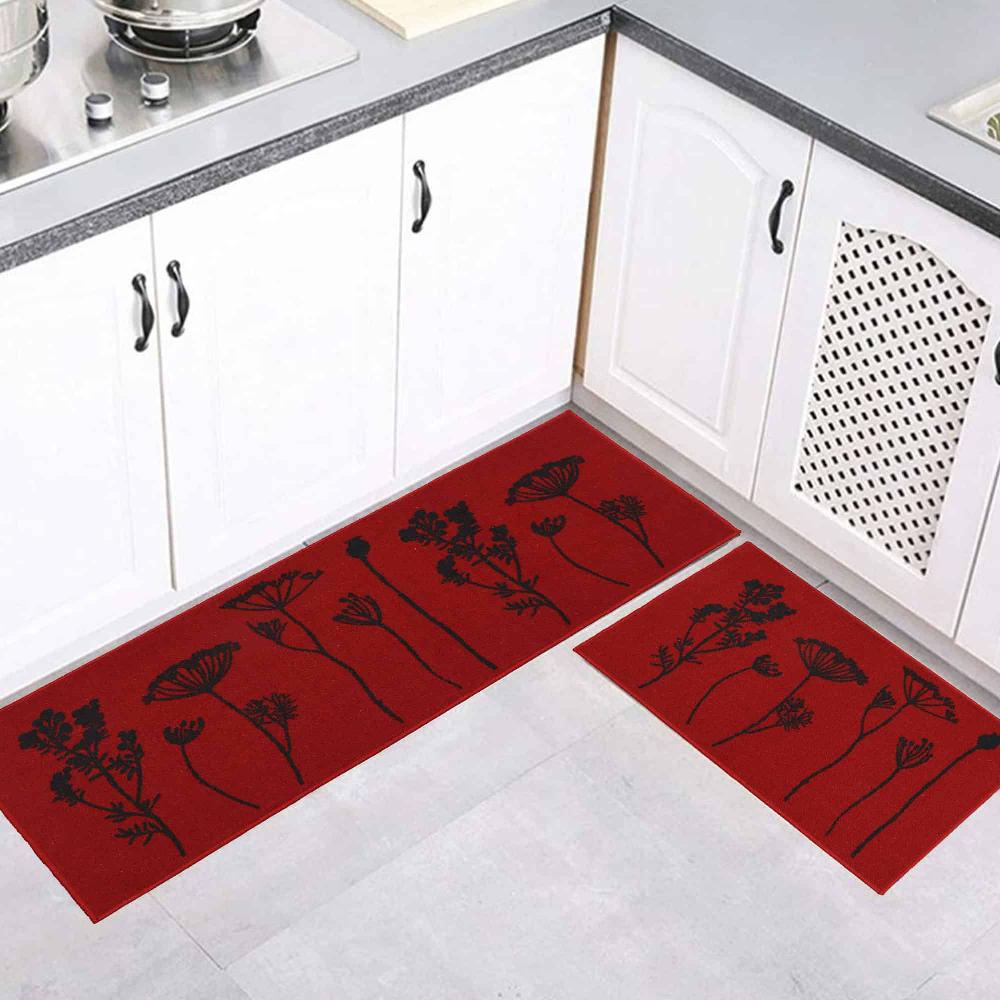 Evideco Red Black Wool Effect Wildflowers Kitchen Mat & Runner Rug Set Of 2 Home Accessories Kitchen Mats