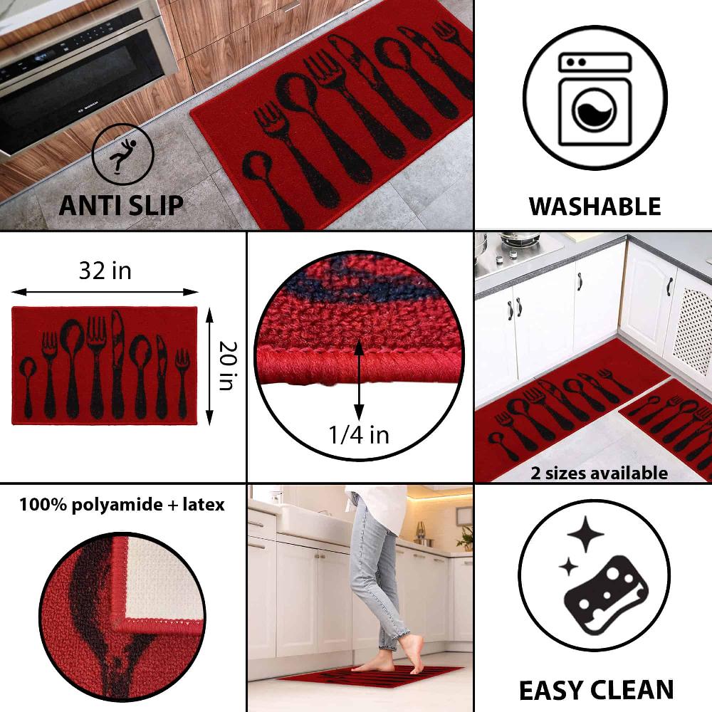 Evideco Red Wool-Effect Kitchen Mat With Chic Cutlery Print 32 X 20 Inches Home Accessories Kitchen Mats