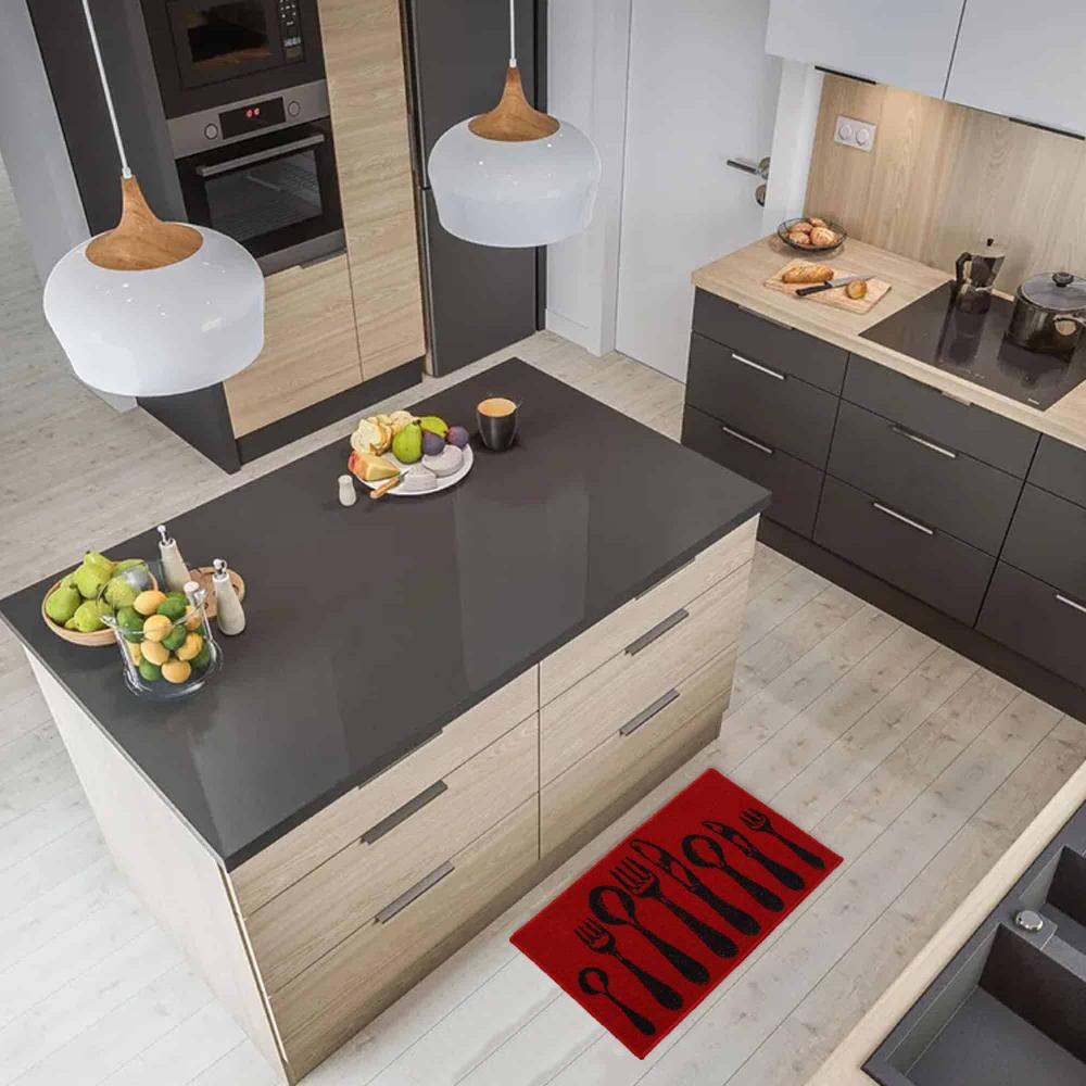 Evideco Red Wool-Effect Kitchen Mat With Chic Cutlery Print 32 X 20 Inches Home Accessories Kitchen Mats