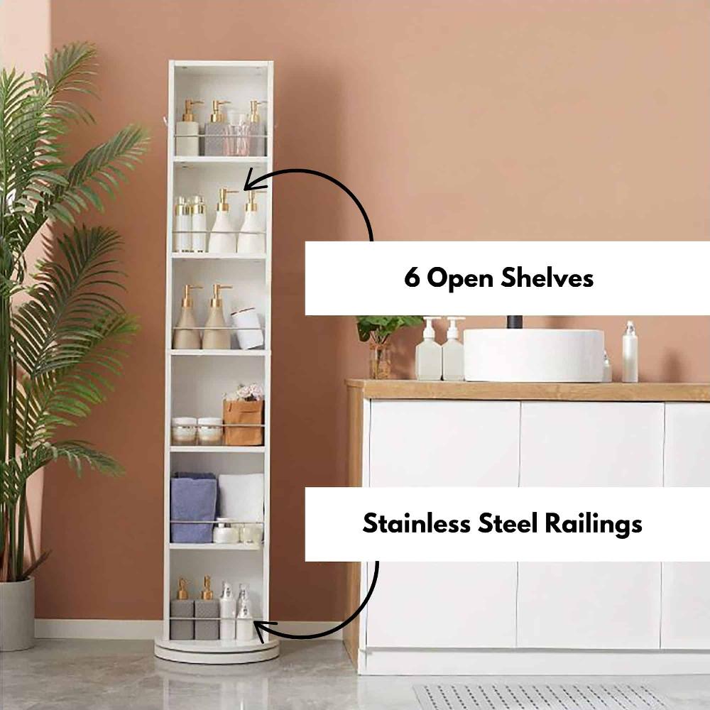 Evideco Rotating Bathroom Storage Cabinet With Full-Length Mirror 360-Degree Swivel Design 6 Open Shelves Bathroom Storage & Furniture Tower Cabinets