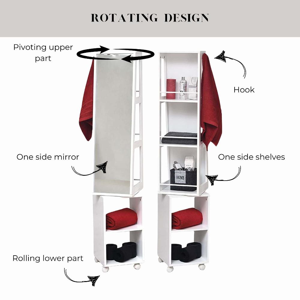 Evideco Rotating Mirror Cabinet With Shelving Rolling Base And Towel Hook Multifunctional Storage Organizer Bathroom Storage & Furniture Tower Cabinets