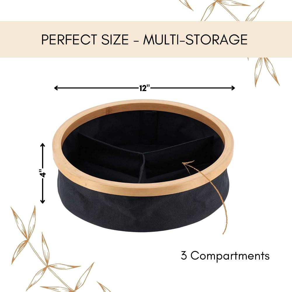 Evideco Round Foldable Storage Basket With Bamboo Frame And Black Fabric 3-Compartment Organizer For Home And Office Bathroom Storage & Furniture Storage Baskets & Organizers