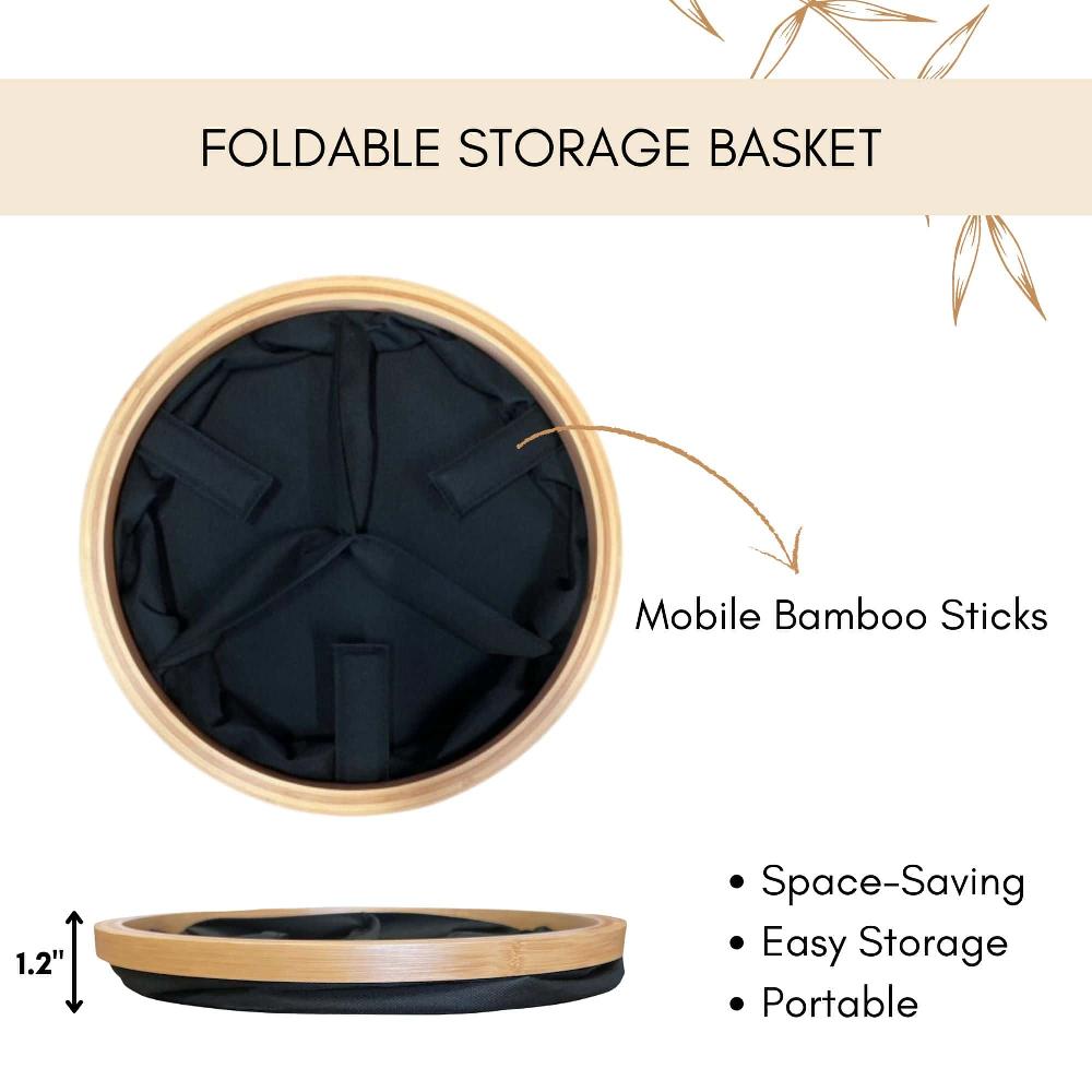 Evideco Round Foldable Storage Basket With Bamboo Frame And Black Fabric 3-Compartment Organizer For Home And Office Bathroom Storage & Furniture Storage Baskets & Organizers