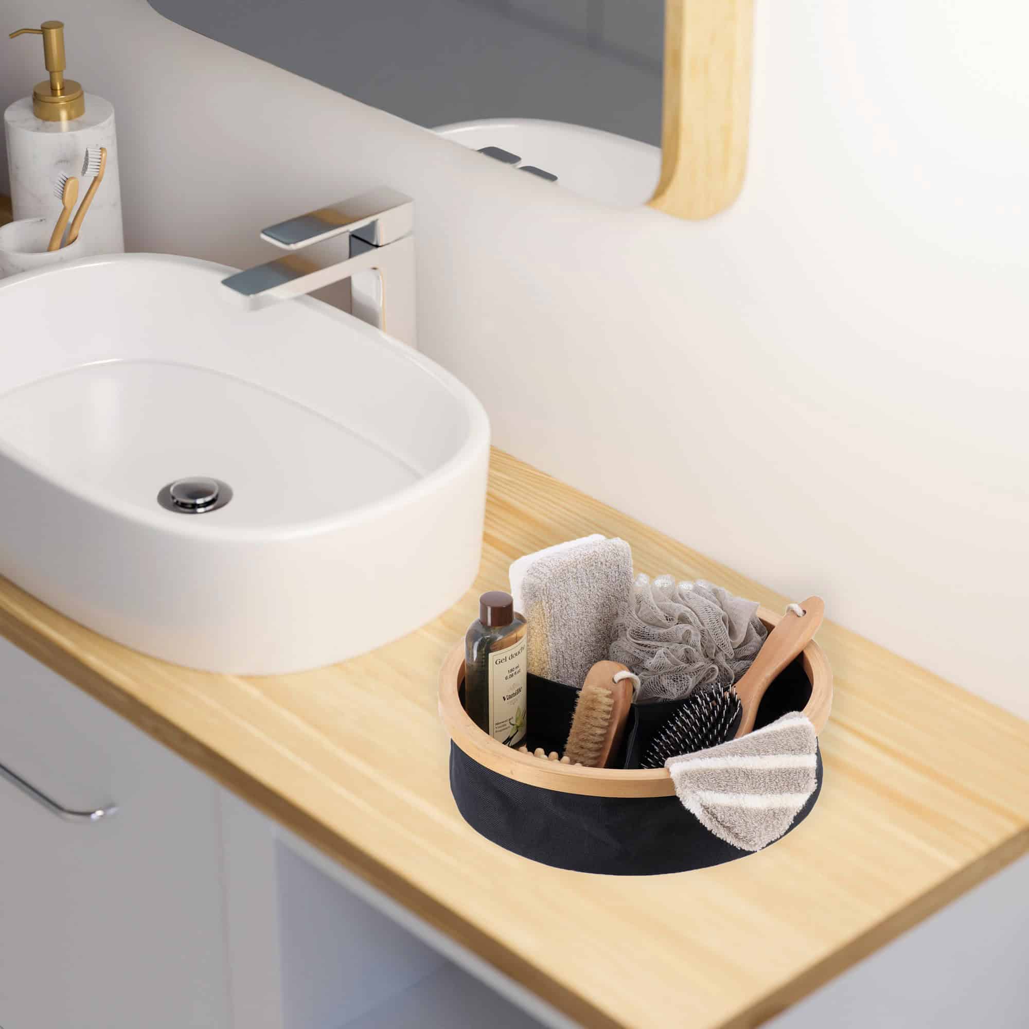 Evideco Round Foldable Storage Basket With Bamboo Frame And Black Fabric 3-Compartment Organizer For Home And Office Bathroom Storage & Furniture Storage Baskets & Organizers