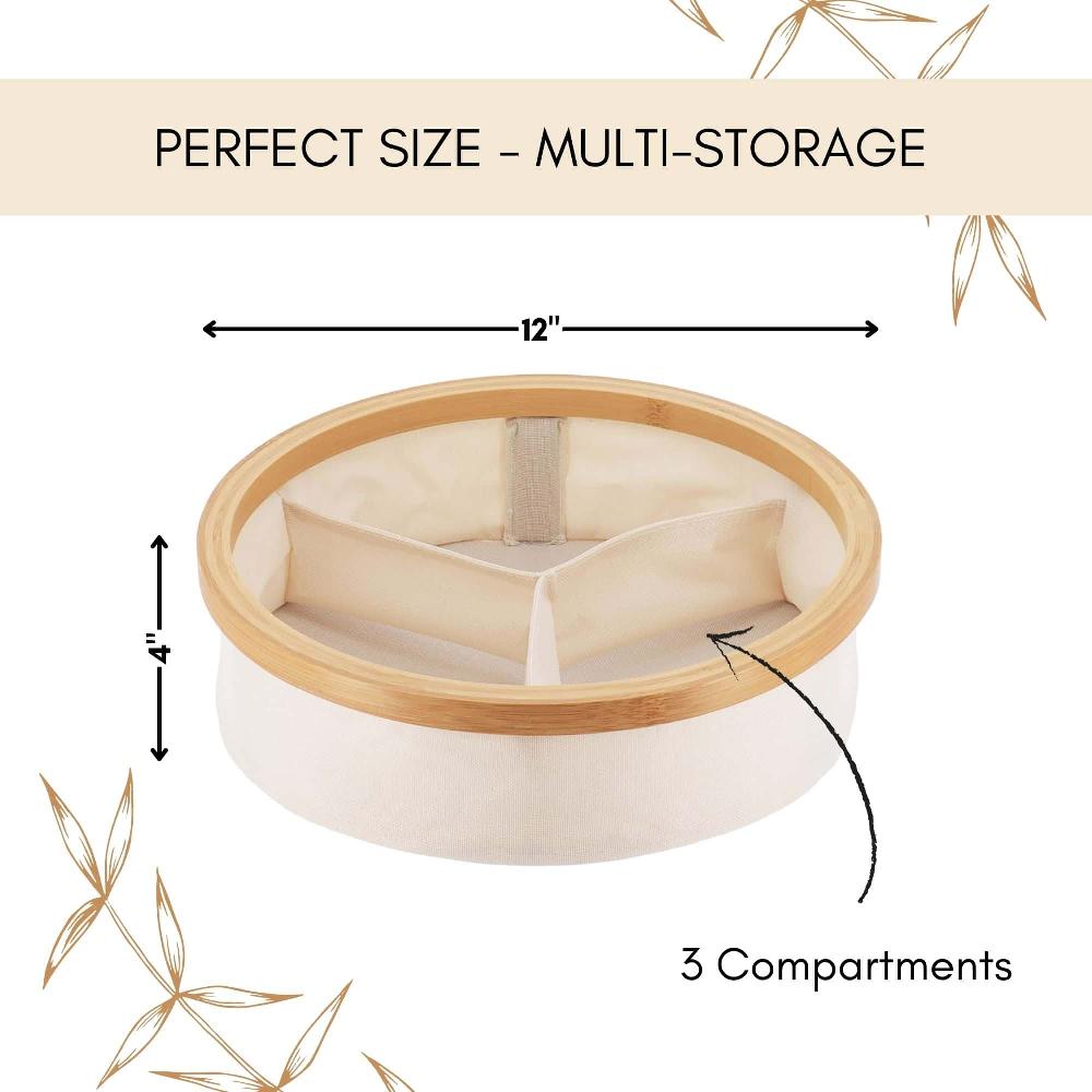 Evideco Round Foldable Storage Basket With Bamboo Frame And Ecru Fabric 3-Compartment Organizer For Home And Office Bathroom Storage & Furniture Storage Baskets & Organizers