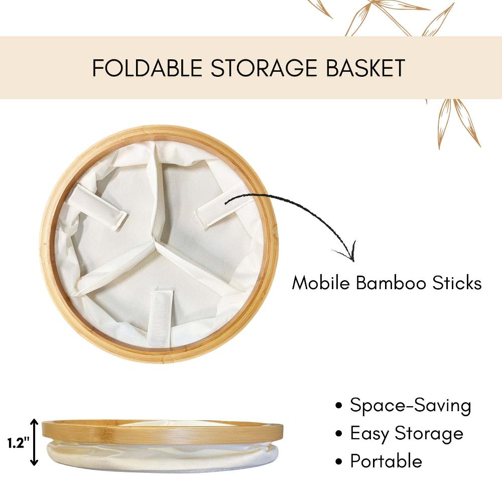 Evideco Round Foldable Storage Basket With Bamboo Frame And Ecru Fabric 3-Compartment Organizer For Home And Office Bathroom Storage & Furniture Storage Baskets & Organizers