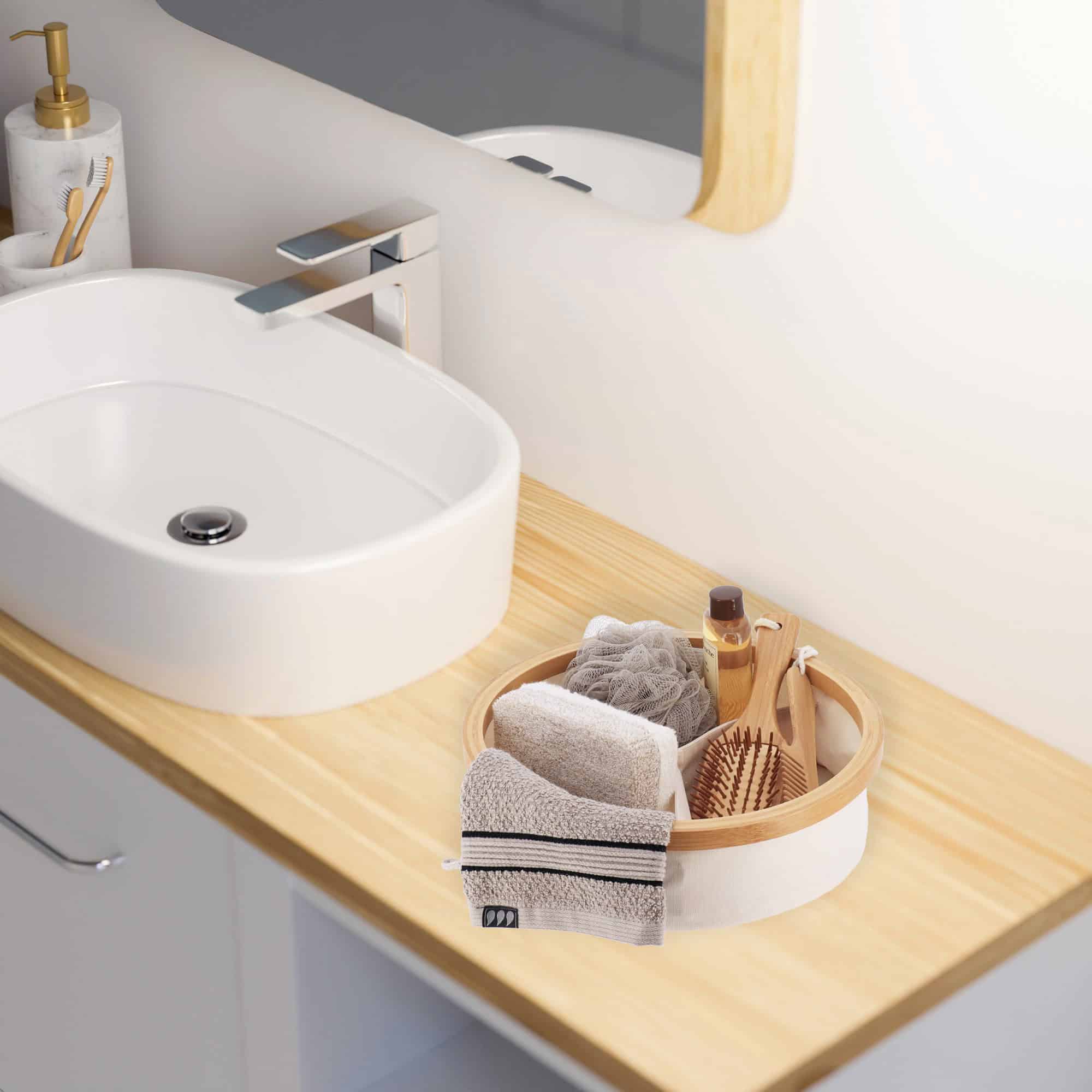 Evideco Round Foldable Storage Basket With Bamboo Frame And Ecru Fabric 3-Compartment Organizer For Home And Office Bathroom Storage & Furniture Storage Baskets & Organizers