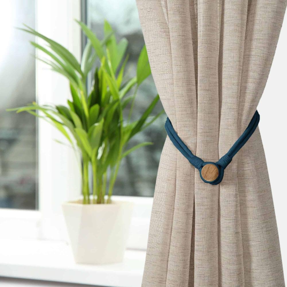 Evideco Set Of 2 Blue Magnetic Curtain Tiebacks – Double Braided Cord With Wooden Tips Home Accessories Tie Backs & Magnets Textile Tiebacks