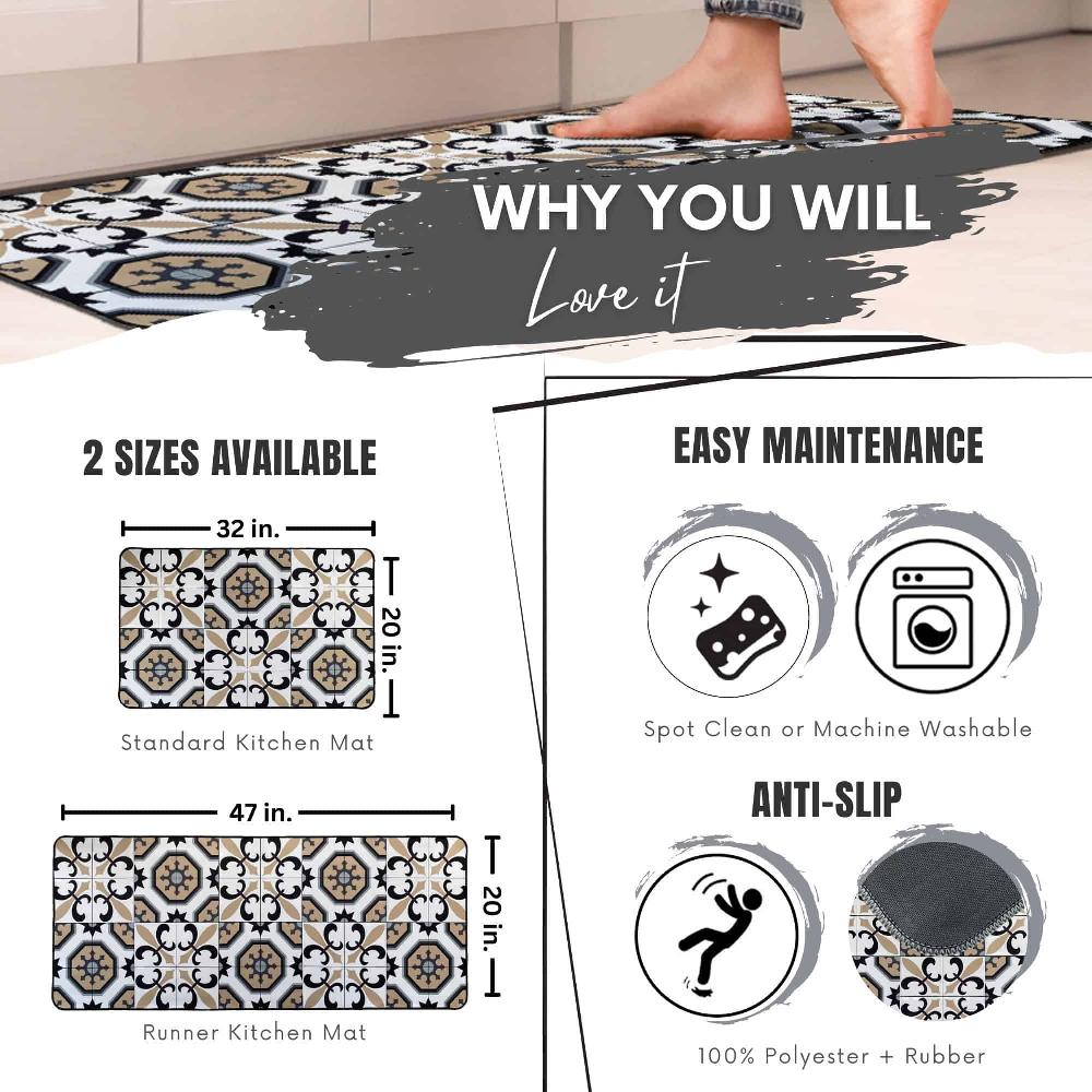 Evideco Set Of 2 Carmen Printed Kitchen Floor Mats – White & Beige Tile Design – Ideal For Homeowners & Renters – Double The Style & Convenience Home Accessories Kitchen Mats