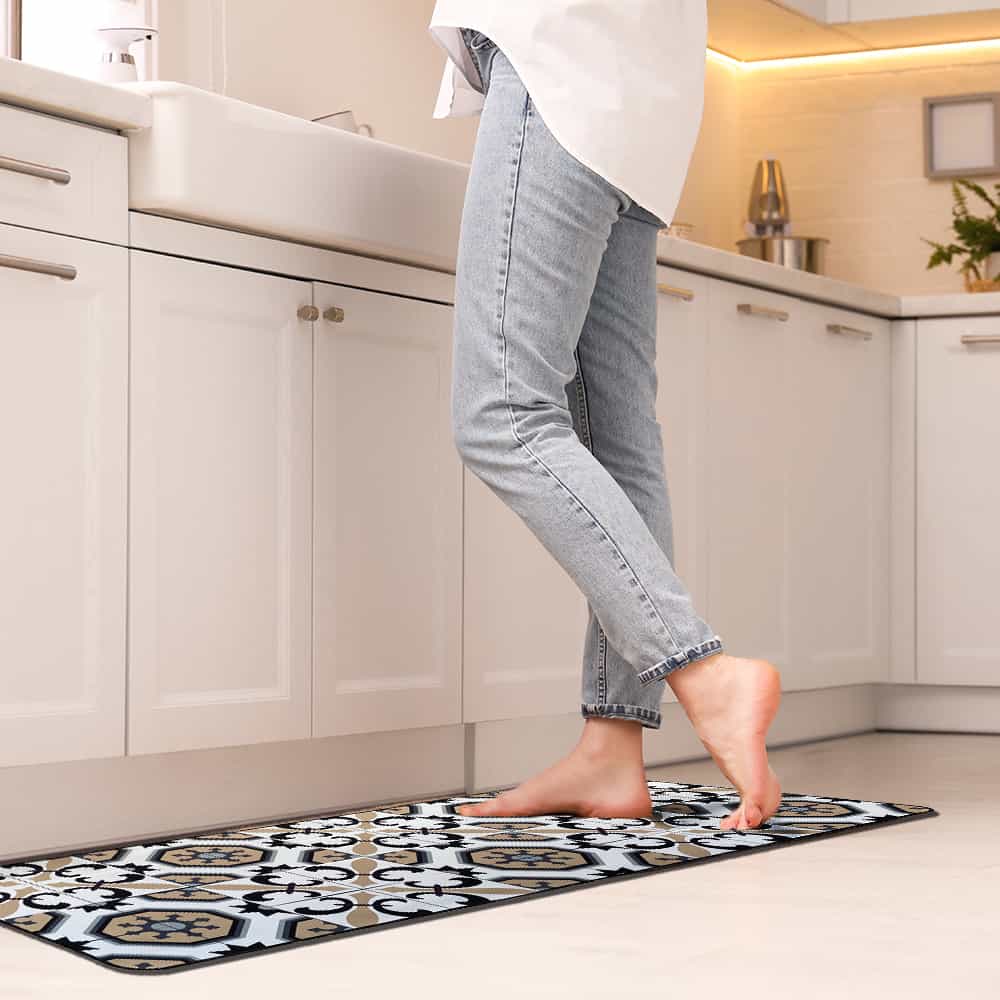 Evideco Set Of 2 Carmen Printed Kitchen Floor Mats – White & Beige Tile Design – Ideal For Homeowners & Renters – Double The Style & Convenience Home Accessories Kitchen Mats