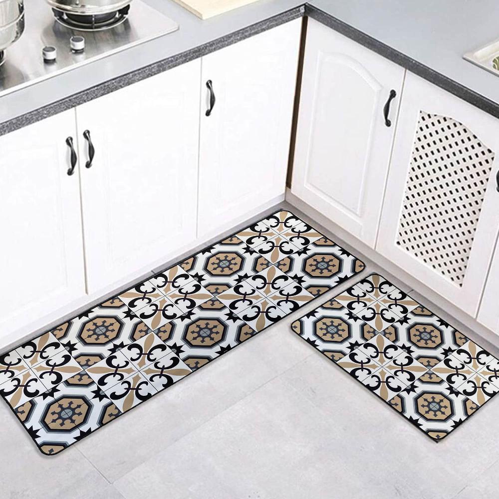 Evideco Set Of 2 Carmen Printed Kitchen Floor Mats – White & Beige Tile Design – Ideal For Homeowners & Renters – Double The Style & Convenience Home Accessories Kitchen Mats