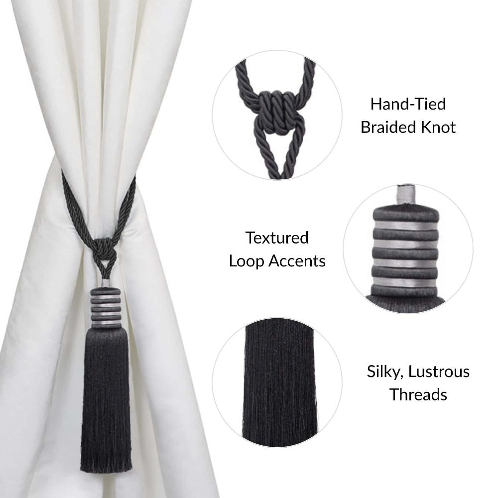 Evideco Set Of 2 Decorative Curtain Tiebacks With Tassel – Midnight Black Home Accessories Tie Backs & Magnets Textile Tiebacks