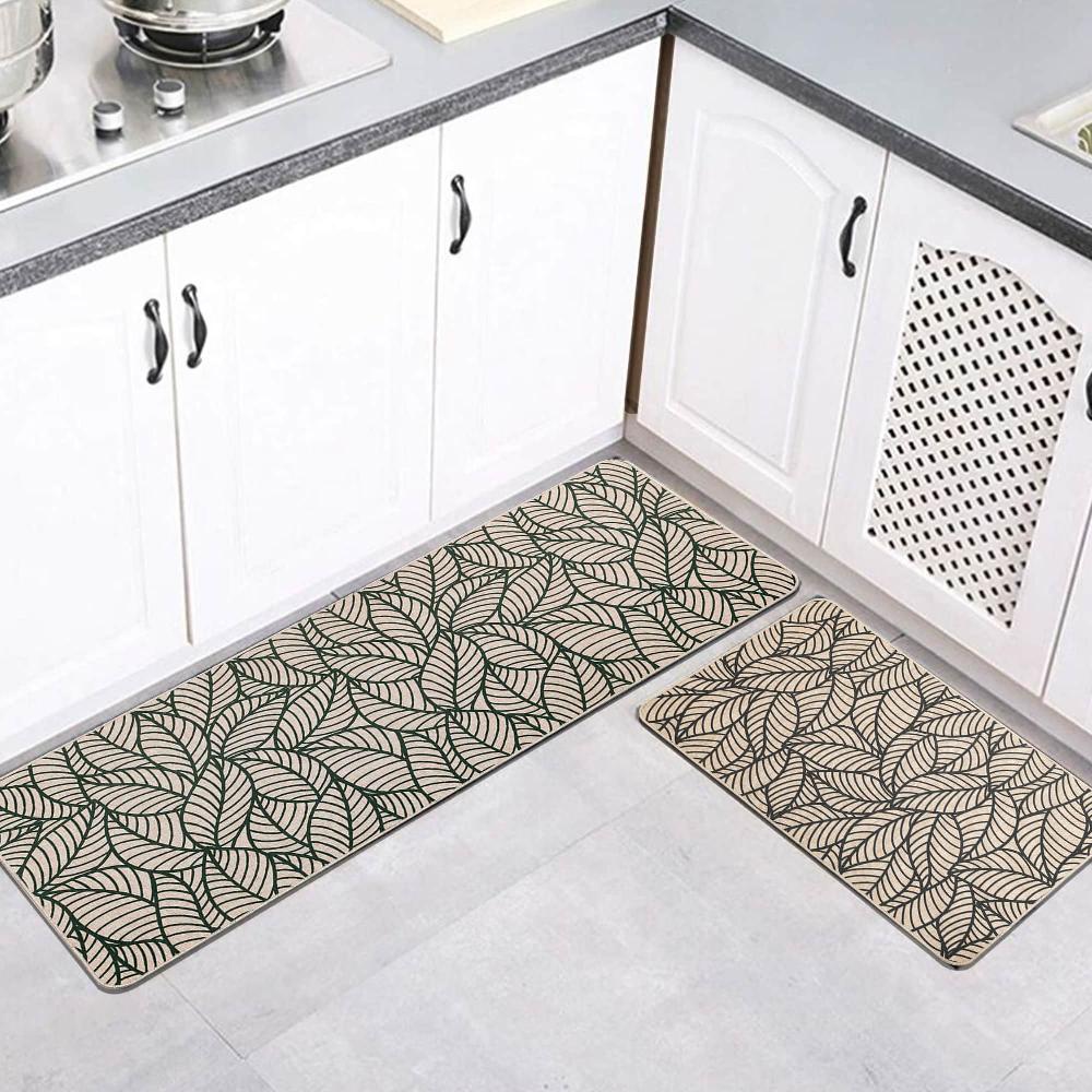 evideco Set of 2 Jungle Printed Kitchen Mats – Beige Leaves Design – Stylish & Durable – Ideal for Homeowners & Renters – Non Slip & Comfort Floor Mat Home Accessories Kitchen Mats