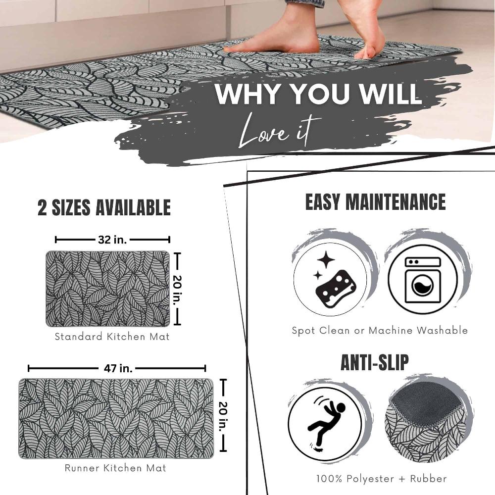 Evideco Set Of 2 Jungle Printed Kitchen Mats – Gray Leaves Design – Stylish & Durable – Ideal For Homeowners & Renters – Non Slip & Comfort Floor Mat Home Accessories Kitchen Mats
