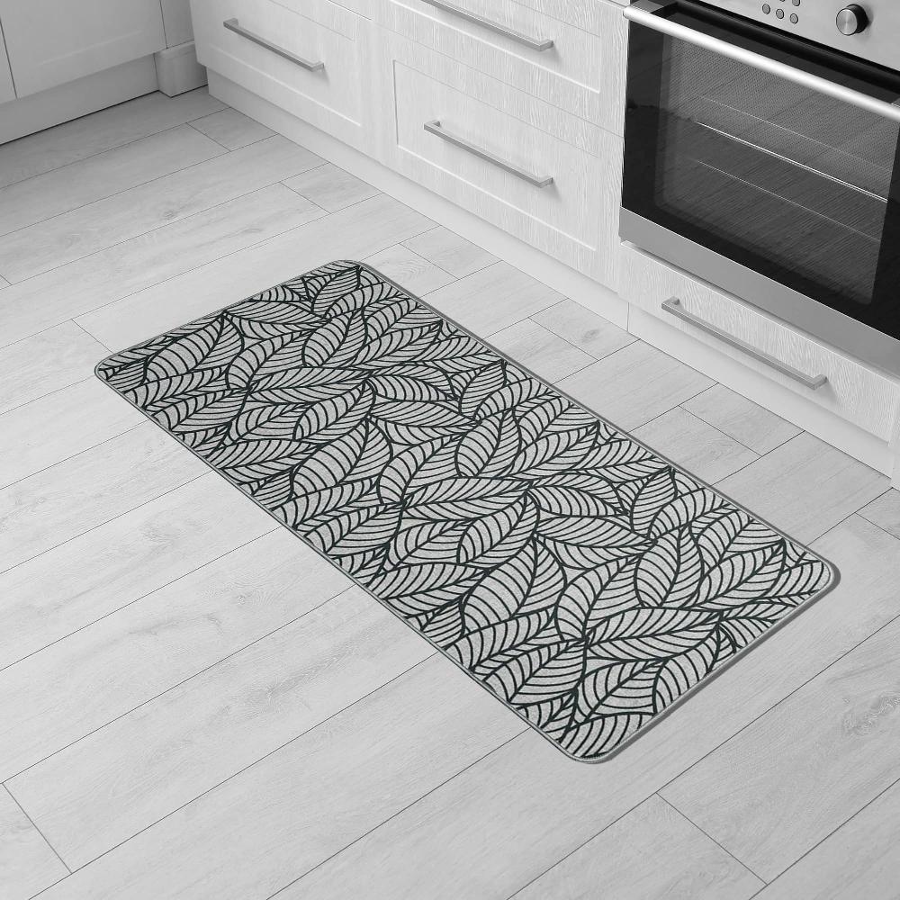 Evideco Set Of 2 Jungle Printed Kitchen Mats – Gray Leaves Design – Stylish & Durable – Ideal For Homeowners & Renters – Non Slip & Comfort Floor Mat Home Accessories Kitchen Mats