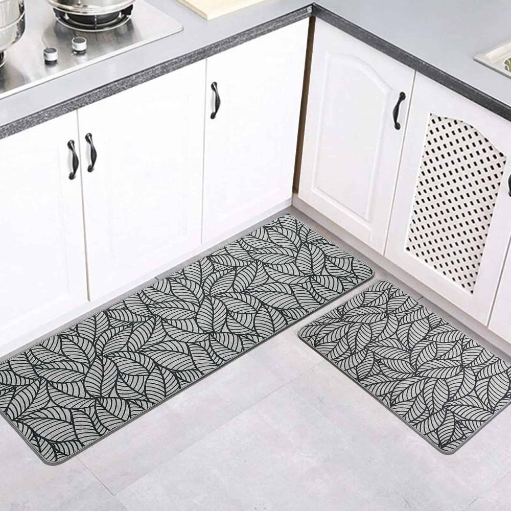 evideco Set of 2 Jungle Printed Kitchen Mats – Gray Leaves Design – Stylish & Durable – Ideal for Homeowners & Renters – Non Slip & Comfort Floor Mat Home Accessories Kitchen Mats
