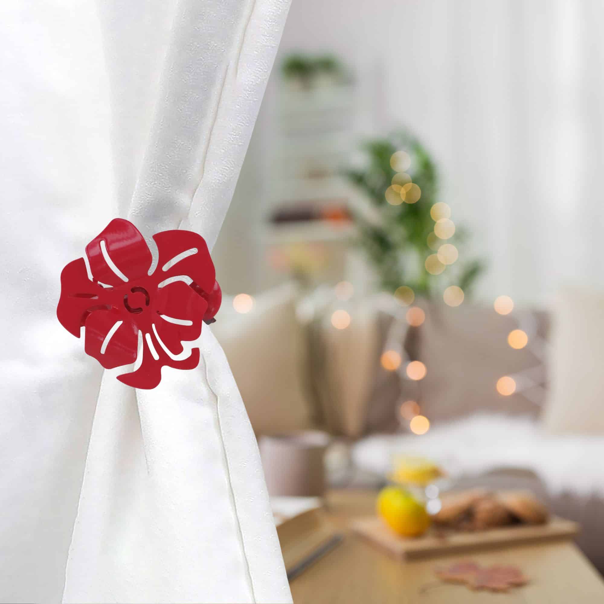Evideco Set Of 2 Metal Curtain Tiebacks – Elegant Poppy Flower Design Clip – No Installation Required – Red Home Accessories Tie Backs & Magnets Curtain Clips Metal Curtain Clips