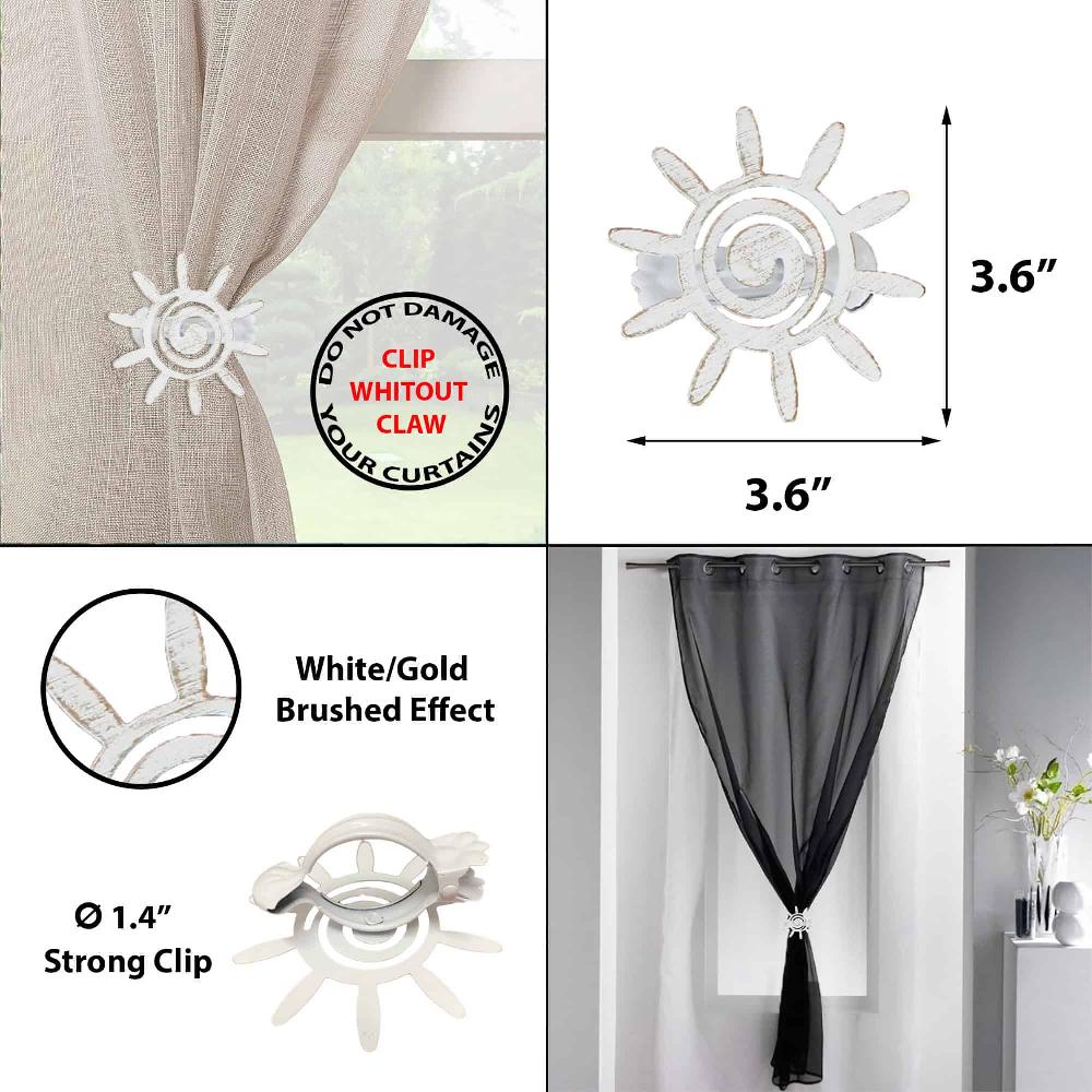 Evideco Set Of 2 Metal Curtain Tiebacks – Helios Sun Design – Elegant Decorative Clips For Drapes And Curtains – White/Gold Home Accessories Tie Backs & Magnets Curtain Clips Metal Curtain Clips